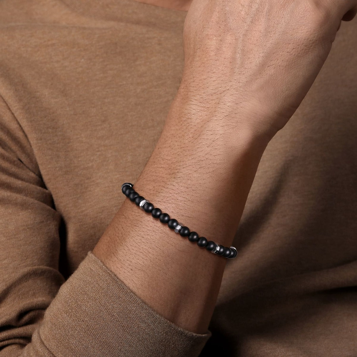 925 Sterling Silver and 6mm Black Titanium Bead Men's Bracelet