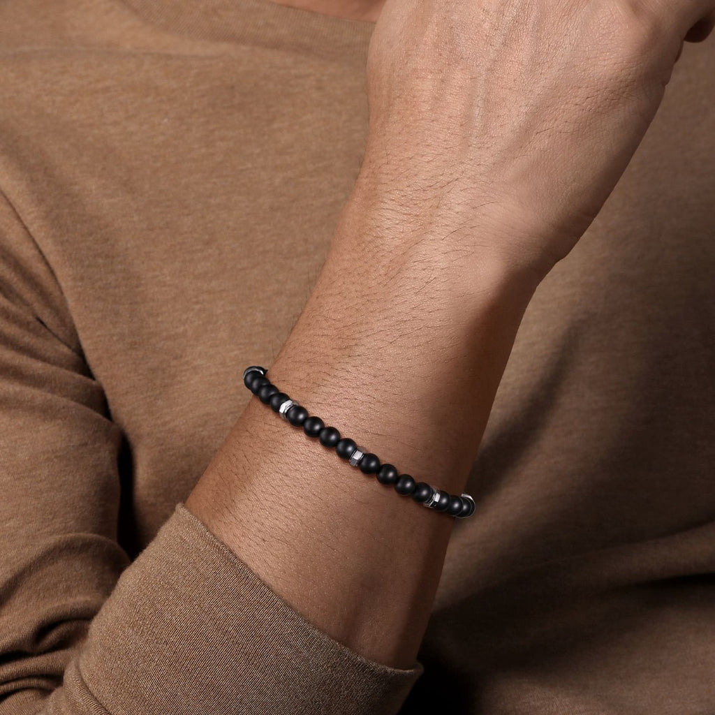 925 Sterling Silver and 6mm Black Titanium Bead Men's Bracelet