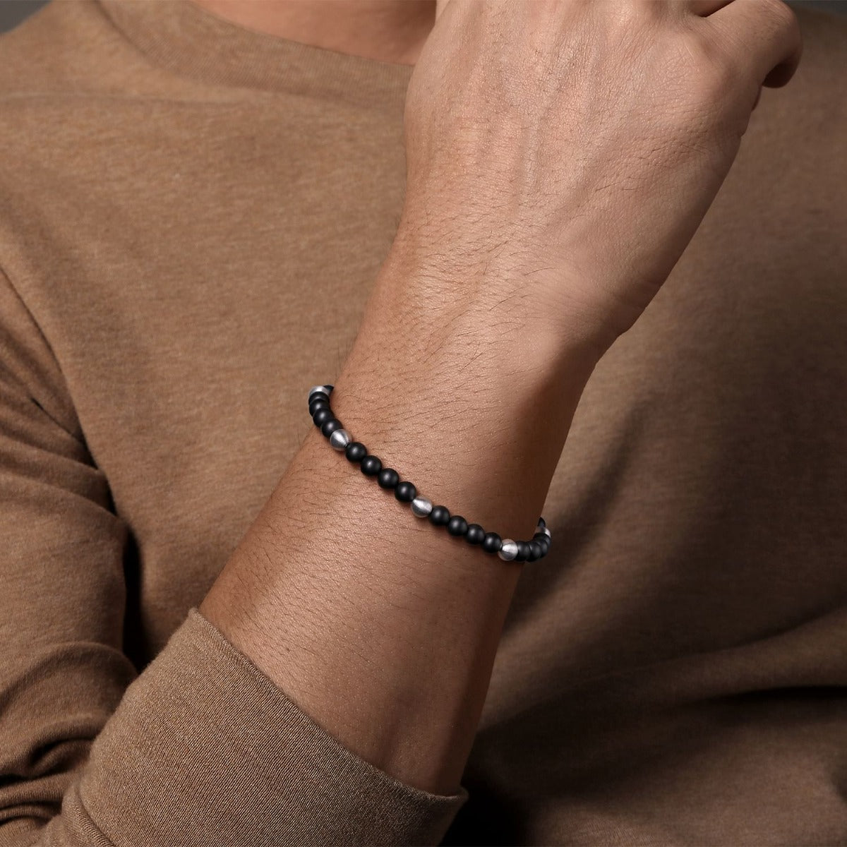 925 Sterling Silver and 6mm Black Titanium Sandblast Men's Beaded Bracelet