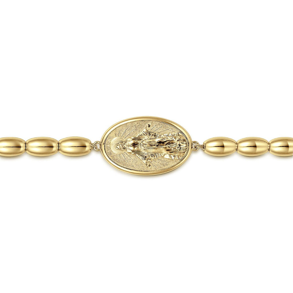 14K Yellow Gold Plain Oval Beads Saint Mens Bracelet