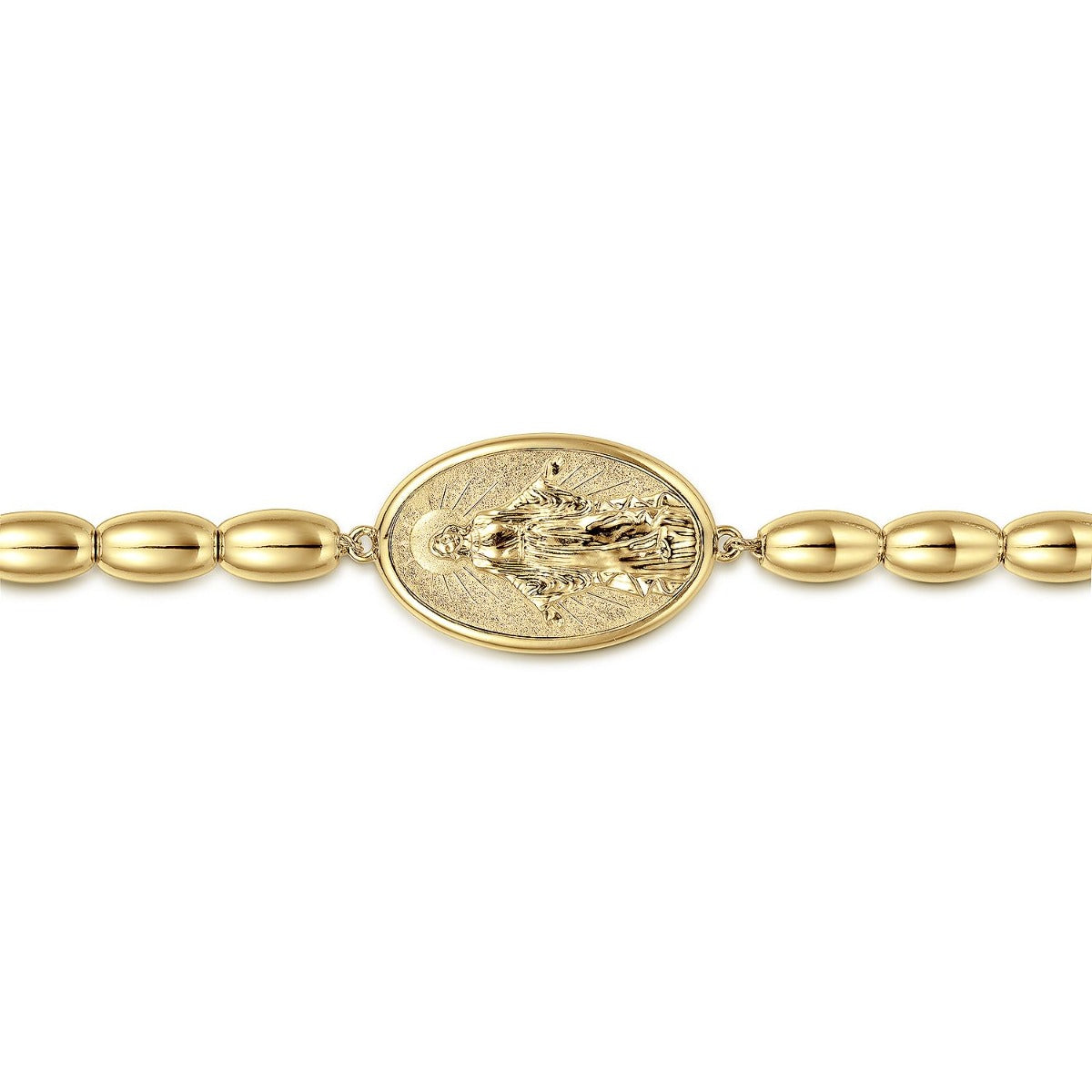 14K Yellow Gold Plain Oval Beads Saint Mens Bracelet