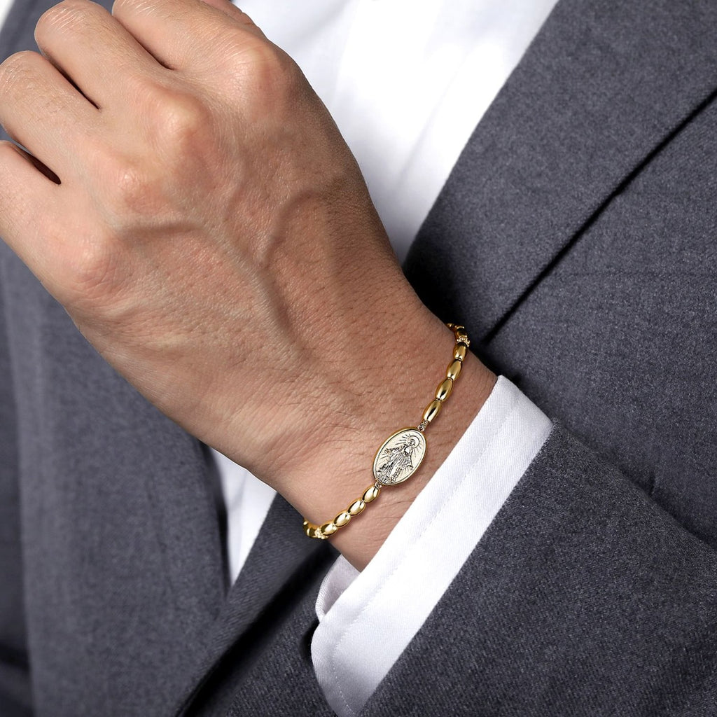 14K Yellow Gold Plain Oval Beads Saint Mens Bracelet