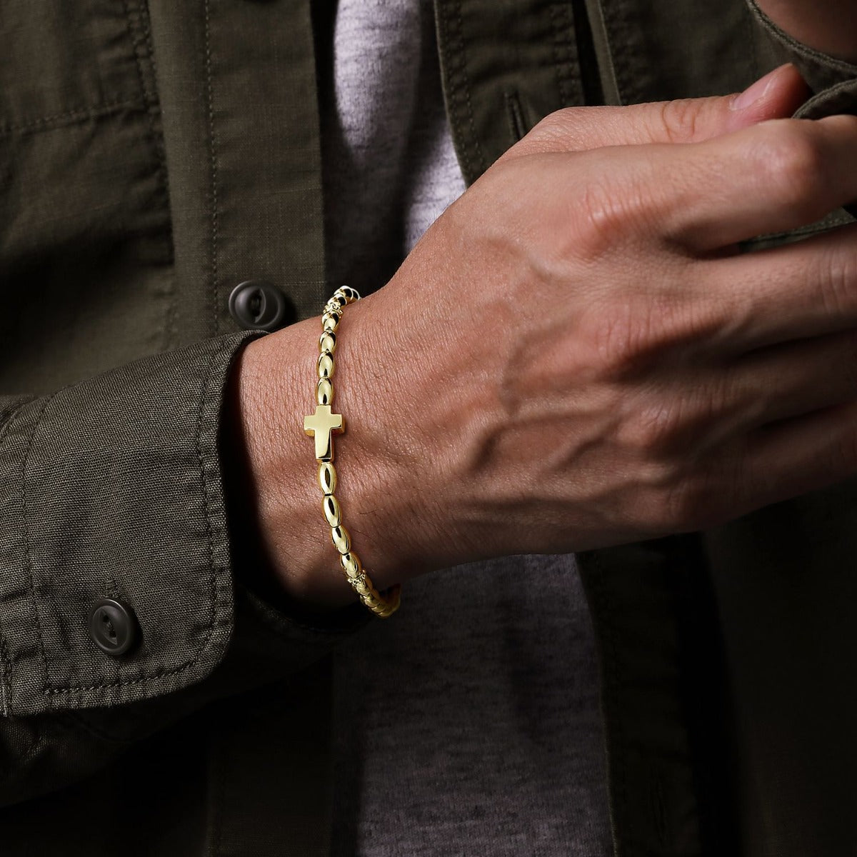 14K Yellow Gold Beaded Cross Bracelet