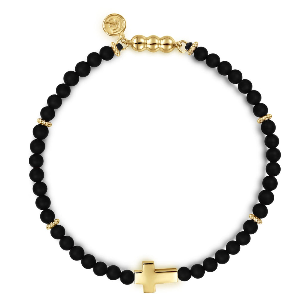 14K Yellow Gold Cross Bracelet with 4mm Matte Onyx Beads