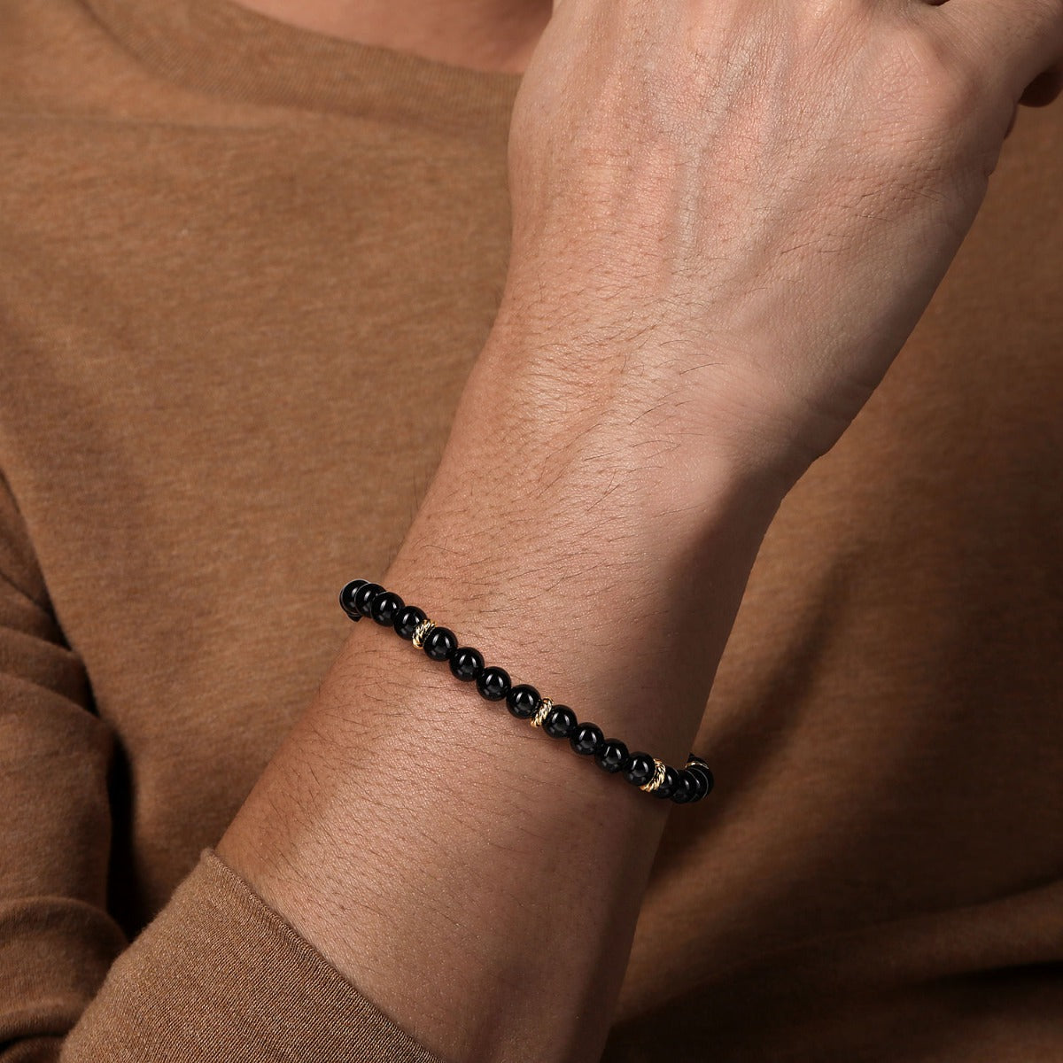 14K Yellow Gold and 6mm Black Onyx Beaded Bracelet