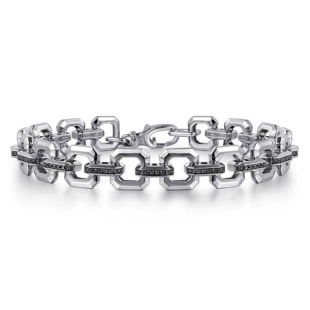 Sterling Silver Men's Link Chain Tennis Bracelet with Black Spinel Connectors