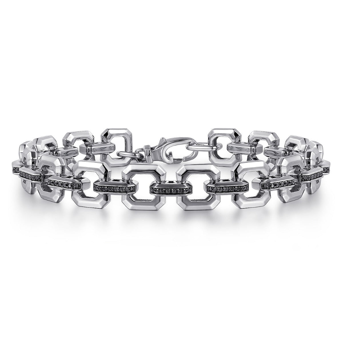 Sterling Silver Men's Link Chain Tennis Bracelet with Black Spinel Connectors
