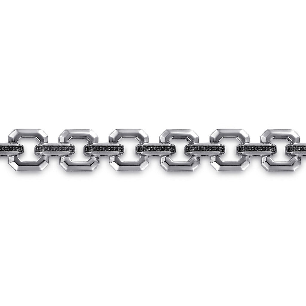 Sterling Silver Men's Link Chain Tennis Bracelet with Black Spinel Connectors