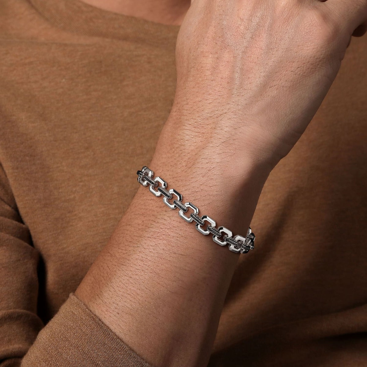 Sterling Silver Men's Link Chain Tennis Bracelet with Black Spinel Connectors