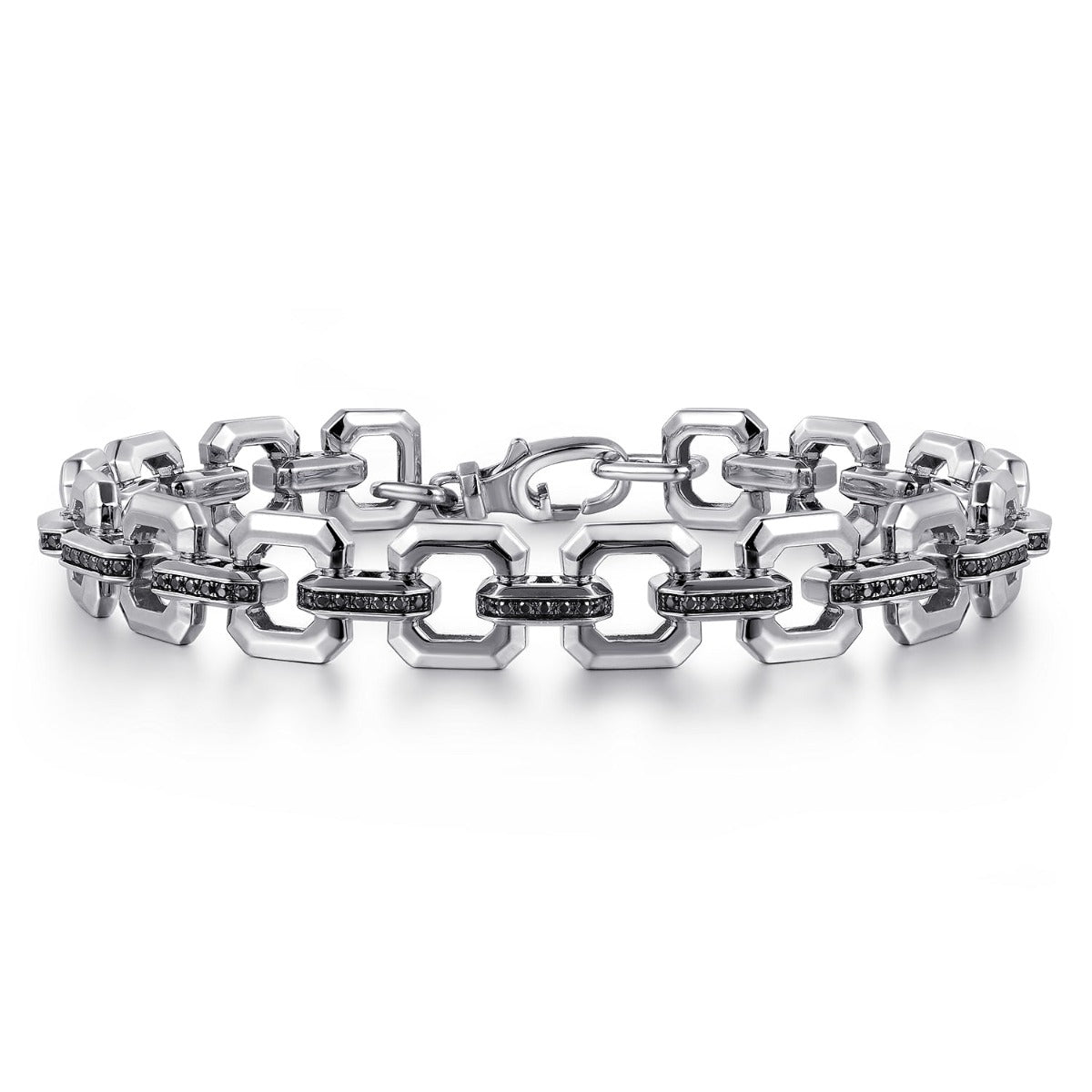 14K White Gold Men's Link Chain Tennis Bracelet with Black Spinel Connectors