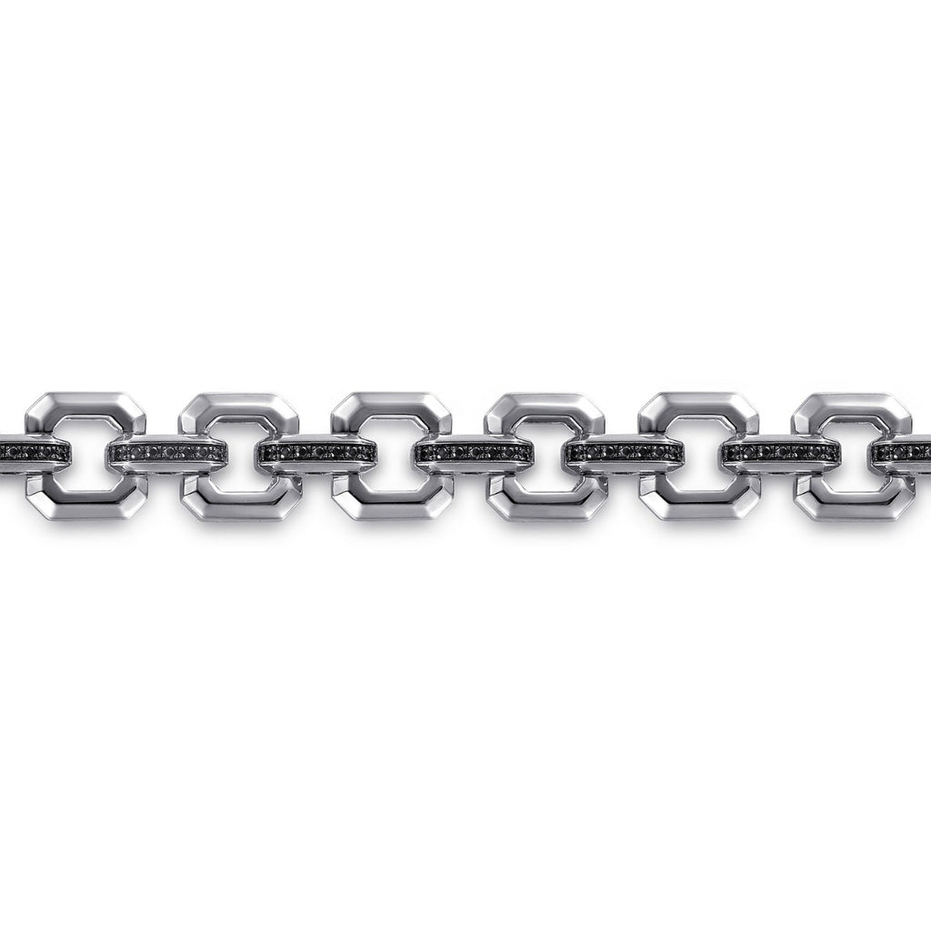 14K White Gold Men's Link Chain Tennis Bracelet with Black Spinel Connectors