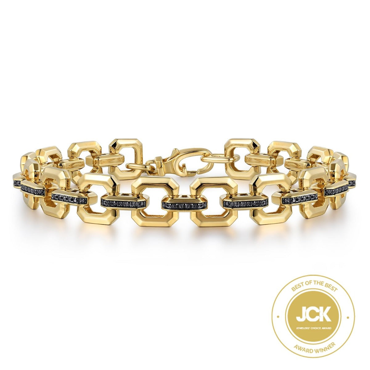 14k Yellow Gold Men's Link Chain Tennis Bracelet with Black Spinel Connectors