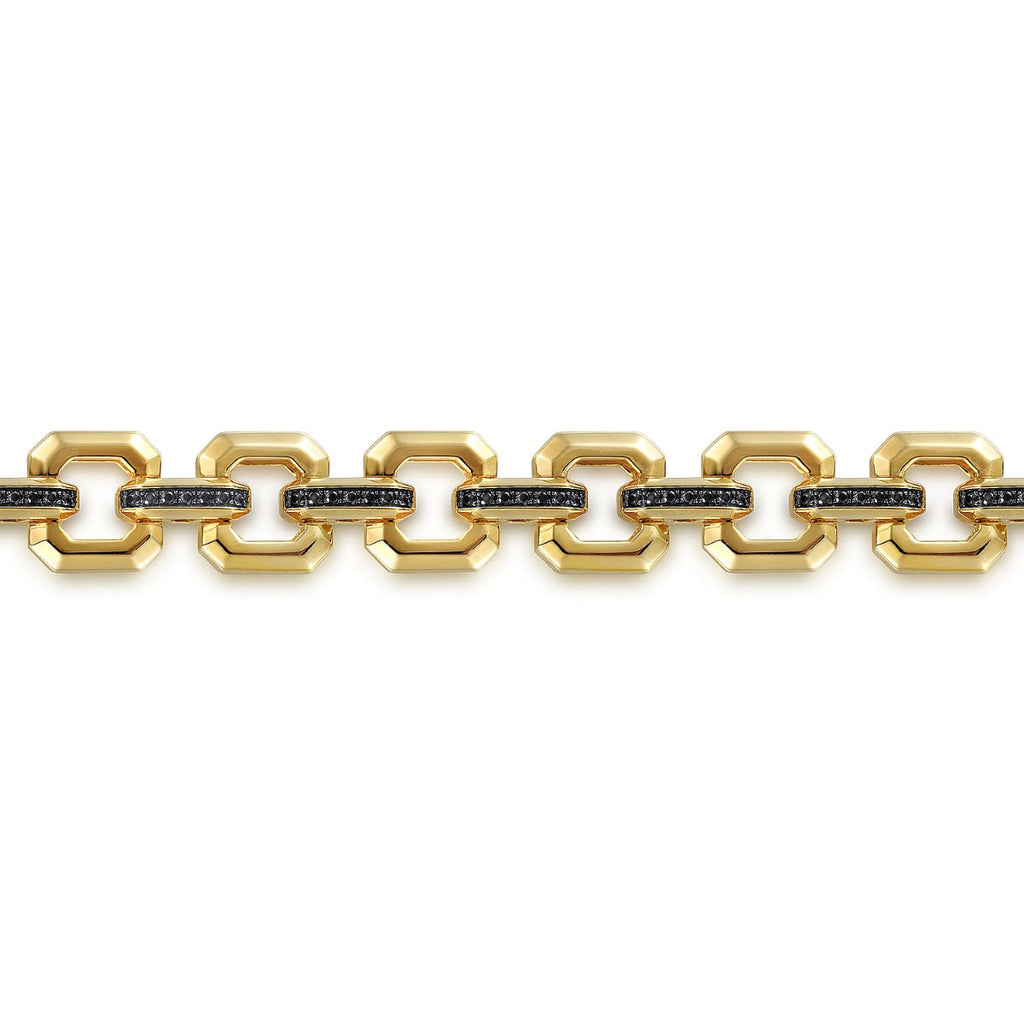 14k Yellow Gold Men's Link Chain Tennis Bracelet with Black Spinel Connectors