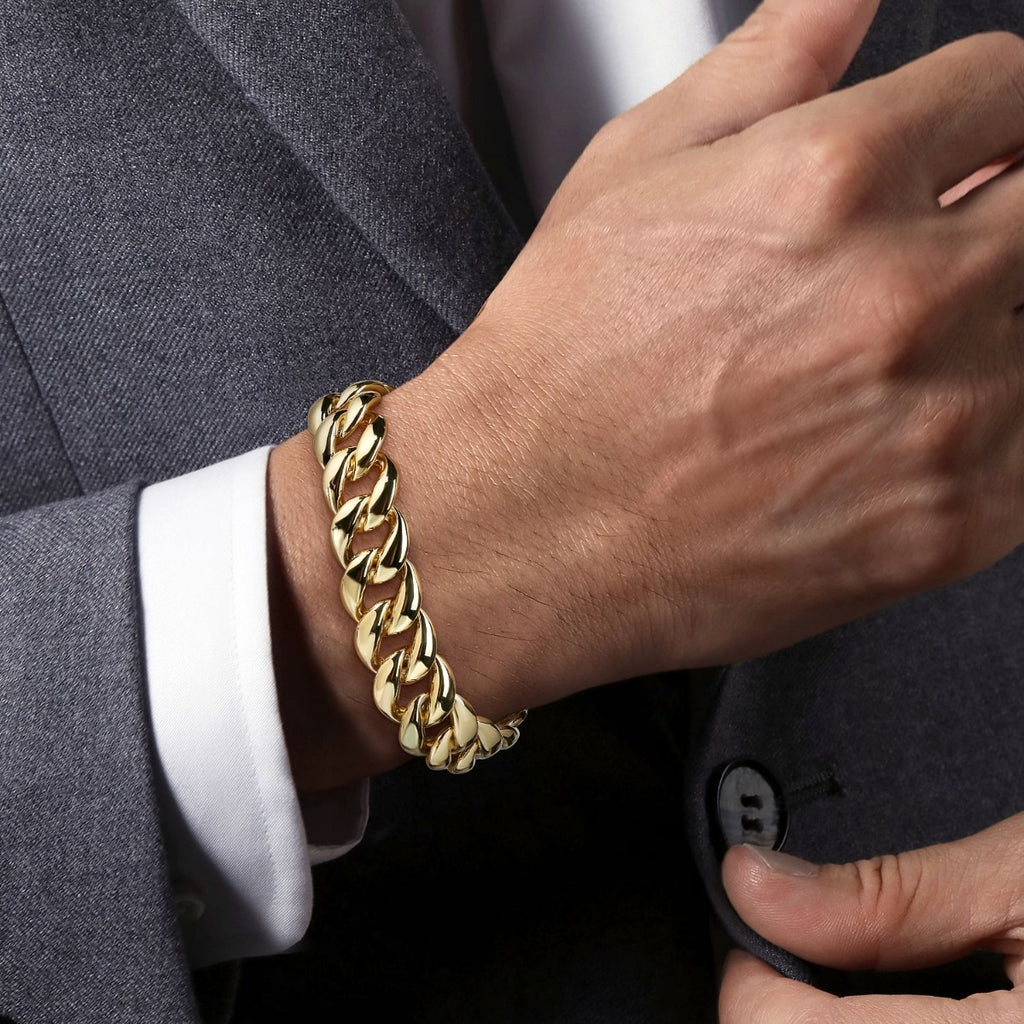 14K Yellow Gold 14mm Width Classic Plain Men's Cuban Bracelet