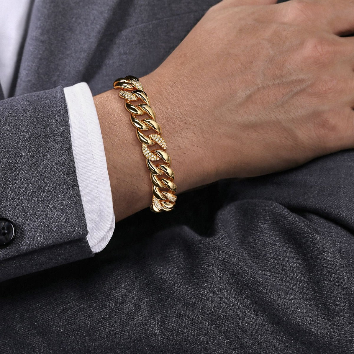 14K Yellow Gold 12mm Width Classic Diamond Men's Cuban Bracelet