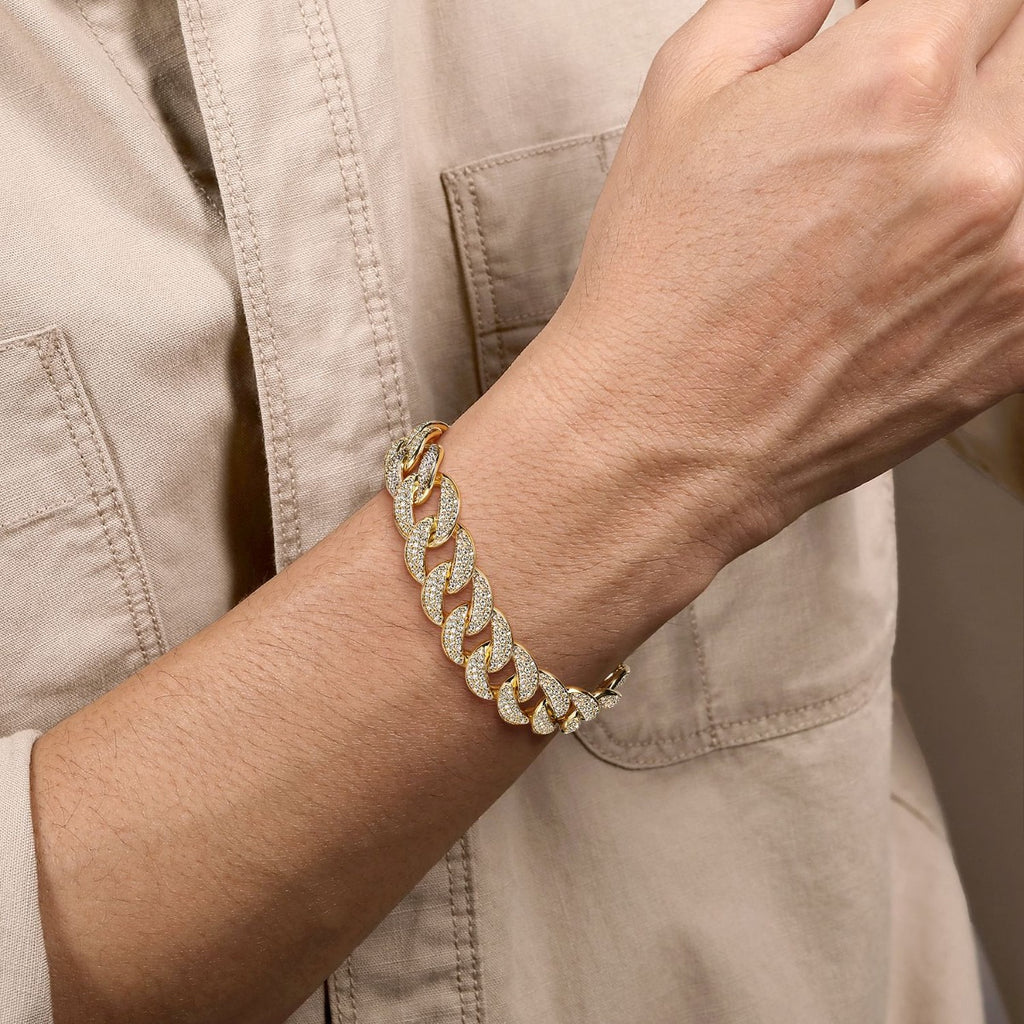 14K Yellow Gold 14mm Width Classic Diamond Men's Cuban Bracelet