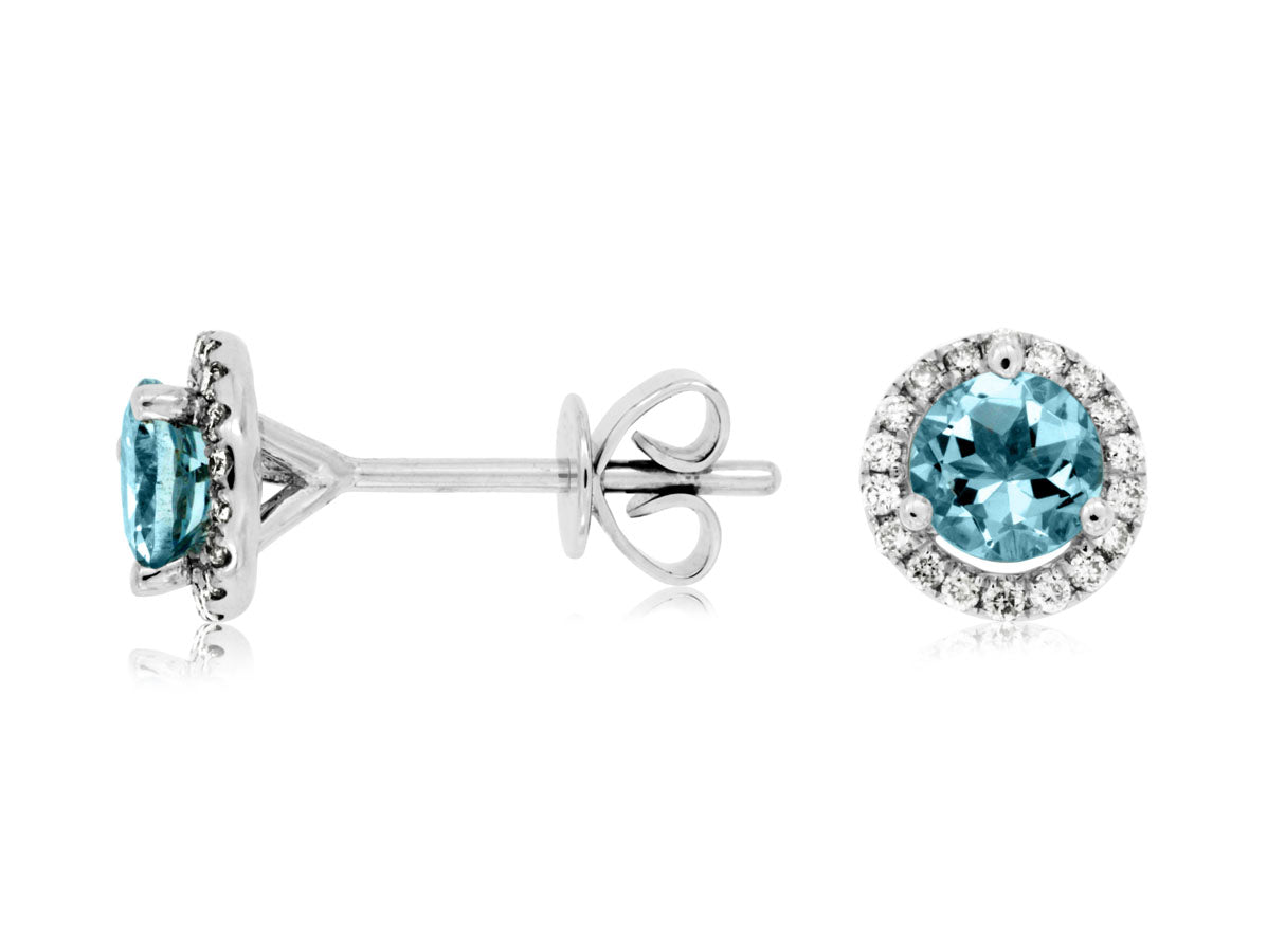 14k White Gold .65tgw Aquamarine and .14tdw Diamond Halo Stud Earrings