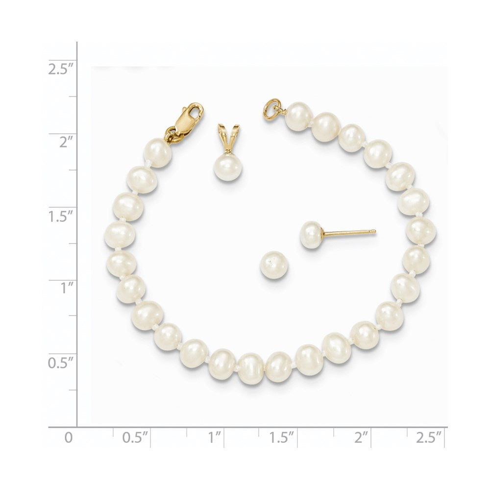 Sweetpea Spark 14k 4-5mm White Freshwater Cultured Pearl Pendant, 5 inch Bracelet and Post Earrings Set