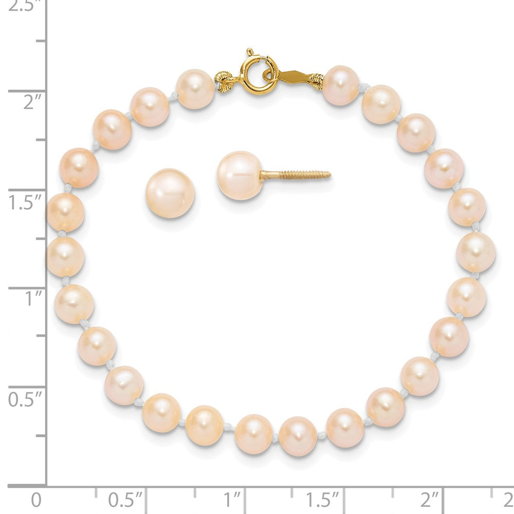 Button Song 14k Madi K 4-5mm Pink Freshwater Cultured Pearl 5.5 inch Bracelet and Post Earrings Set