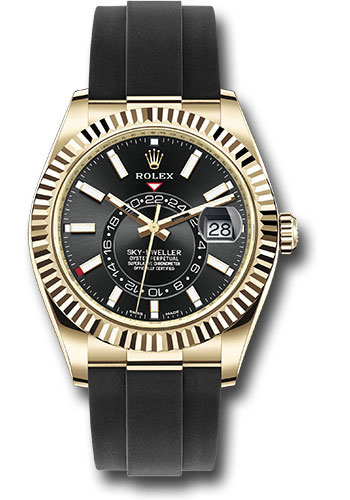 Previously Enjoyed Rolex Yellow Gold Sky Dweller Watch Black Index Dial Oysterflex Bracelet Dunkin s Diamonds