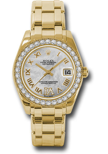 Previously Enjoyed Rolex Yellow Gold Datejust Pearlmaster 34 Watch 34 Diamond Bezel White Mother Of Pearl Roman Dial Dunkin s Diamonds