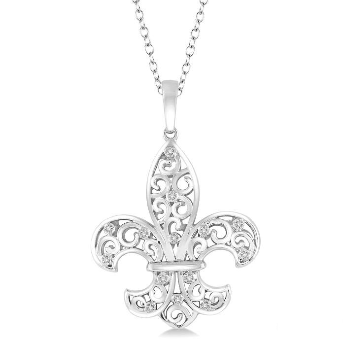 Sterling Silver Black authentic Opaque & Diamond Fleur De Lis Pendant