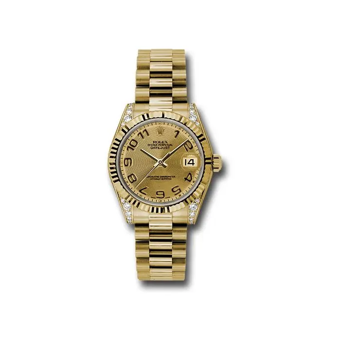Previously Enjoyed Rolex Yellow Gold Datejust 31 Watch Fluted Bezel Champagne Concentric Circle Arabic Dial President Bracelet Dunkin s Diamonds