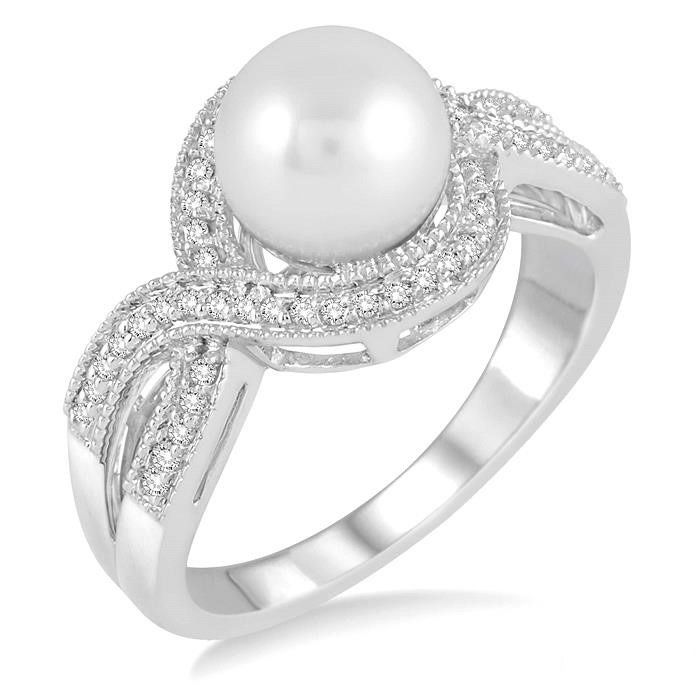 Diamond Pearl Silver Celtic Trinity Knot Ring