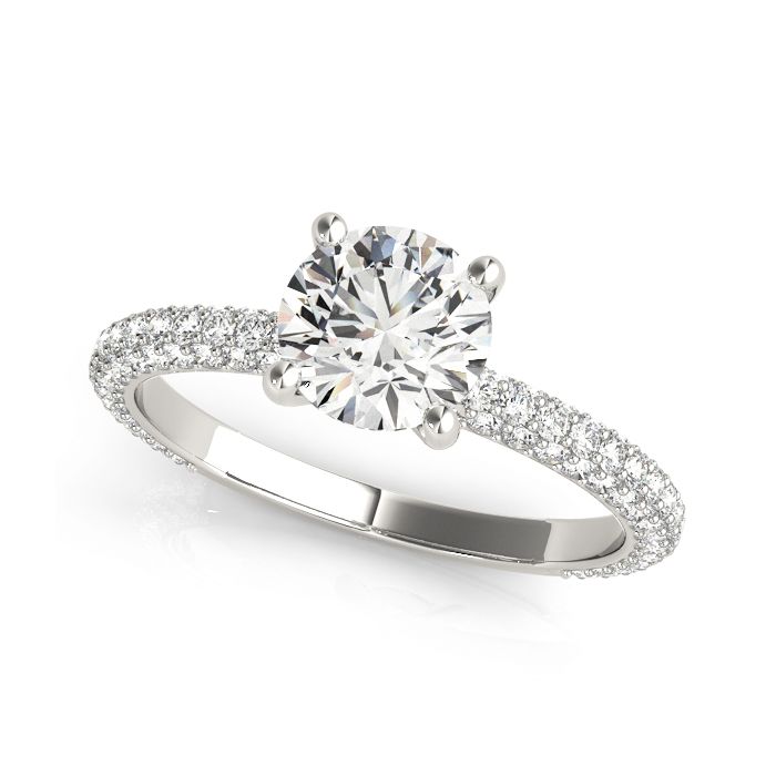 Round Solitaire Engagement Ring with Pave Diamonds in 14k White