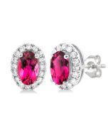 Oval Shape Gemstone & Halo Diamond Earrings