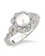 Silver Pearl & Diamond Ring