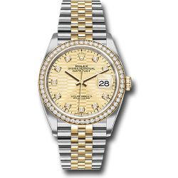 *Previously Enjoyed* Rolex Yellow Rolesor Datejust 36 Watch - Diamond Bezel - Golden Fluted Motif Diamond Dial - Jubilee Bracelet