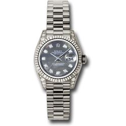 *Previously Enjoyed* Rolex White Gold Lady-Datejust 26 Watch - Fluted Bezel - Dark Mother-Of-Pearl Diamond Dial - President Bracelet