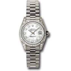 *Previously Enjoyed* Rolex White Gold Lady-Datejust 26 Watch - Fluted Bezel - Mother-Of-Pearl Diamond Dial - President Bracelet