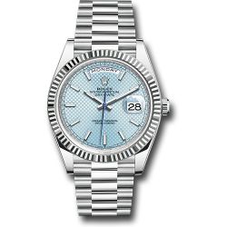 *Previously Enjoyed* Rolex Platinum Day-Date 40 Watch - Fluted Bezel - Ice Blue Diagonal Motif Index Dial - President Bracelet