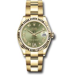  Rolex Yellow Gold Datejust 31 Watch - Fluted Bezel - Olive Green Diamond Six Dial - Oyster Bracelet