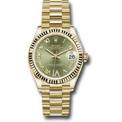  Rolex Yellow Gold Datejust 31 Watch - Fluted Bezel - Olive Green Diamond Six Dial - President Bracelet