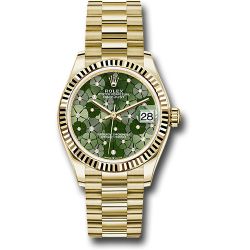  Rolex Yellow Gold Datejust 31 Watch - Fluted Bezel - Olive Green Floral Motif Diamond 6 Dial - President Bracelet