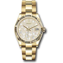  Rolex Yellow Gold Datejust 31 Watch - Fluted Bezel - Paved Mother-of-Pearl Butterfly Dial - Oyster Bracelet