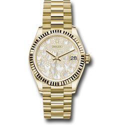  Rolex Yellow Gold Datejust 31 Watch - Fluted Bezel - Paved Mother-of-Pearl Butterfly Dial - President Bracelet