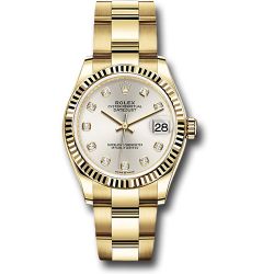  Rolex Yellow Gold Datejust 31 Watch - Fluted Bezel - Silver Diamond Dial - Oyster Bracelet