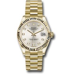  Rolex Yellow Gold Datejust 31 Watch - Fluted Bezel - Silver Diamond Dial - President Bracelet