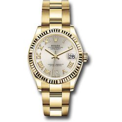  Rolex Yellow Gold Datejust 31 Watch - Fluted Bezel - Silver Diamond Six Dial - Oyster Bracelet