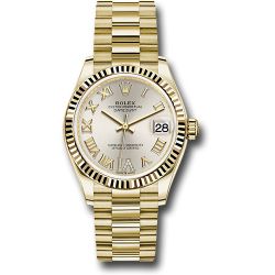  Rolex Yellow Gold Datejust 31 Watch - Fluted Bezel - Silver Diamond Six Dial - President Bracelet