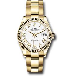  Rolex Yellow Gold Datejust 31 Watch - Fluted Bezel - White Roman Dial - Oyster Bracelet