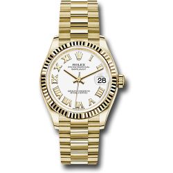  Rolex Yellow Gold Datejust 31 Watch - Fluted Bezel - White Roman Dial - President Bracelet