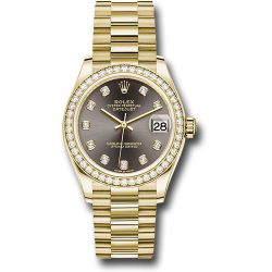 *Previously Enjoyed* Rolex Yellow Gold Datejust 31 Watch - Diamond Bezel - Dark Grey Diamond Dial - President Bracelet