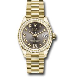 *Previously Enjoyed* Rolex Yellow Gold Datejust 31 Watch - Diamond Bezel - Dark Grey Diamond Six Dial - President Bracelet