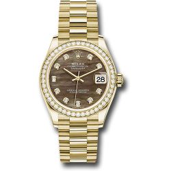 *Previously Enjoyed* Rolex Yellow Gold Datejust 31 Watch - Diamond Bezel - Dark Mother-of-Pearl Diamond Dial - President Bracelet