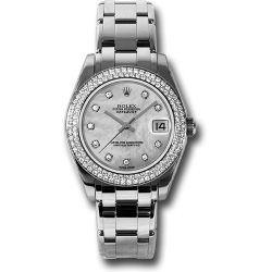  Rolex White Gold Datejust Pearlmaster 34 Watch - 116 Diamond Bezel - Mother-Of-Pearl Diamond Dial